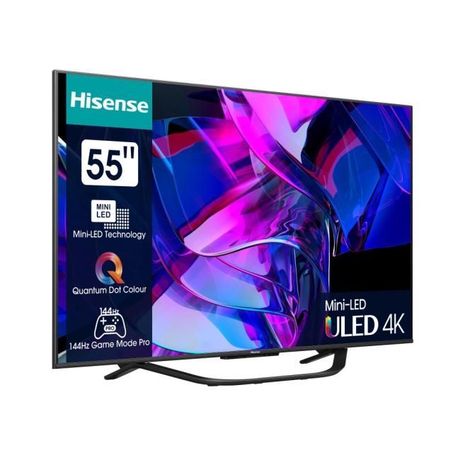 Телевизор Hisense 55" U7KQ, 4K Ultra HD 3840x2160, ULED, FALD, Quantum Dot, 144Hz, IPS, HDR 10+, HLG, Dolby Vision IQ, Dolby Atmos, Smart TV, WiFi 5GHz, WiFi Direct, BT, Anyview Cast, 4xHDMI, 2xUSB, LAN, CI+, DVB-T2/C/S2, Black