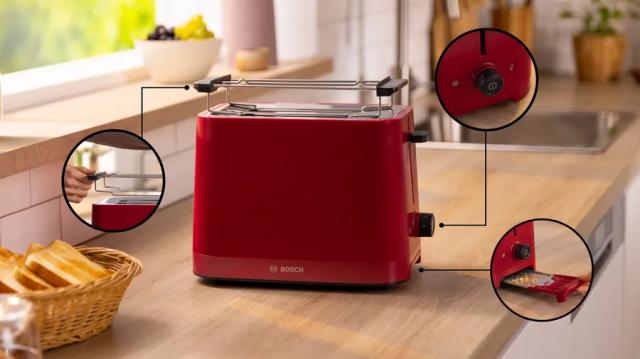 Тостер Bosch TAT3M124, MyMoment Compact toaster, 950 W, Auto power off, Defrost and reheat setting, Removable and foldable bun attachment, High lift, Deep Red