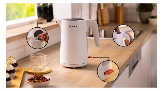 Електрическа кана Bosch TWK2M161, MyMoment Plastic Kettle, 2400 W, 1.7 l, Cup indicator, Limescale filter, Triple safety function, White