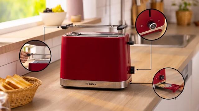 Тостер Bosch TAT4M224, MyMoment Compact toaster, 950 W, Auto power off, Defrost and reheat setting, Removable and foldable bun attachment, High lift, Red