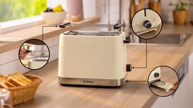 Тостер Bosch TAT4M227, MyMoment Compact toaster, 950 W, Auto power off, Defrost and reheat setting, Removable and foldable bun attachment, High lift, Cream