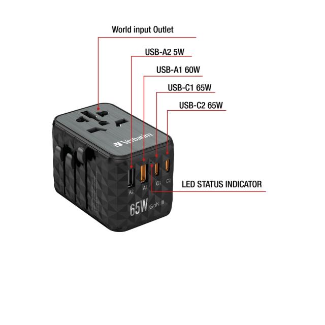 Адаптер Verbatim UTA-05 GaN III Universal Travel Adapter with 2 x USB-C PD 65W & QC 4+ / 2 x USB-A
