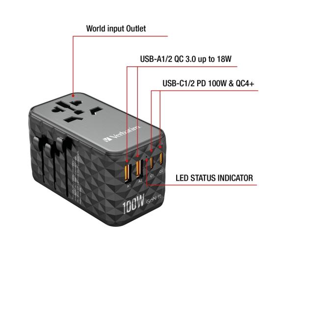 Адаптер Verbatim UTA-06 GaN III Universal Travel Adapter with 2 x USB-C PD 100W & QC 4+ / 2 x USB-A QC 3.0