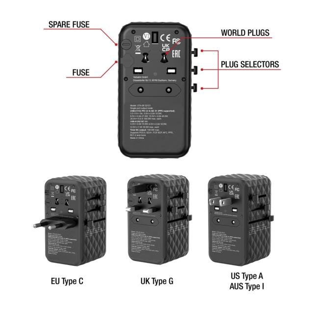 Адаптер Verbatim UTA-06 GaN III Universal Travel Adapter with 2 x USB-C PD 100W & QC 4+ / 2 x USB-A QC 3.0