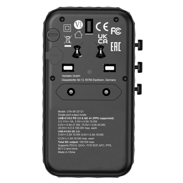 Адаптер Verbatim UTA-06 GaN III Universal Travel Adapter with 2 x USB-C PD 100W & QC 4+ / 2 x USB-A QC 3.0
