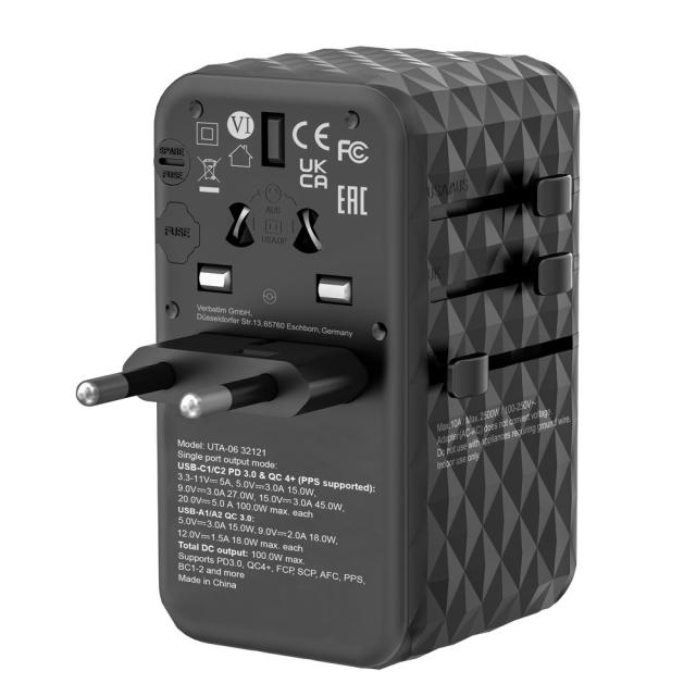 Адаптер Verbatim UTA-06 GaN III Universal Travel Adapter with 2 x USB-C PD 100W & QC 4+ / 2 x USB-A QC 3.0