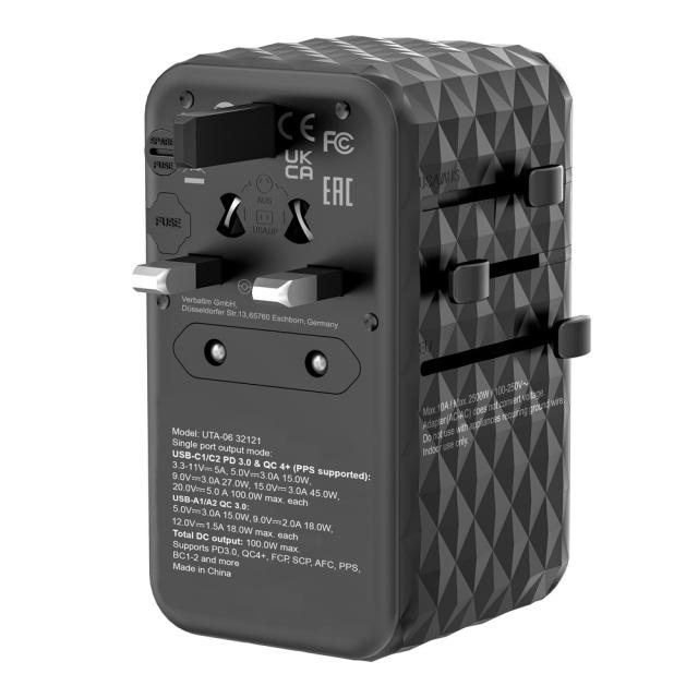 Адаптер Verbatim UTA-06 GaN III Universal Travel Adapter with 2 x USB-C PD 100W & QC 4+ / 2 x USB-A QC 3.0