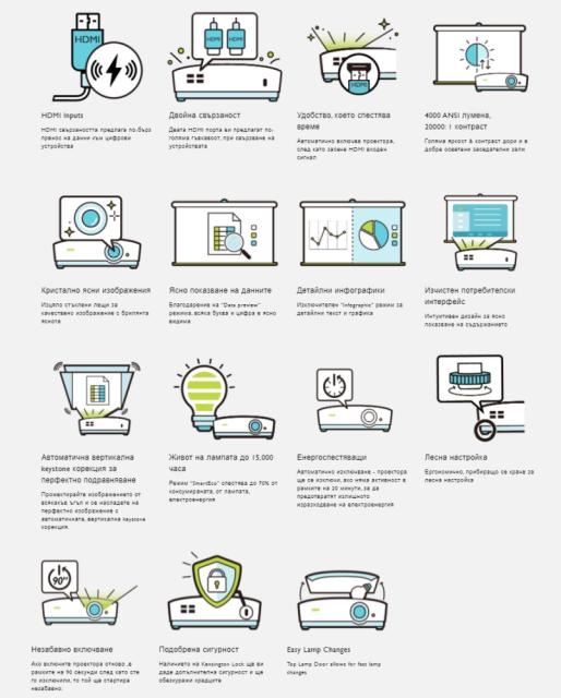 Мултимедиен проектор BenQ MW536, DLP, WXGA (1280x800), 20 000:1, 4000 ANSI Lumens, Zoom 1.2x, Glass Lenses, Auto Vertical Keystone, Infographic Mode, Speaker 2W, 2xVGA, 2xHDMI, S-Video, RCA, VGA out,  Audio In/Out, RS232, USB A 1.5A, 2.6 kg + BenQ Ca