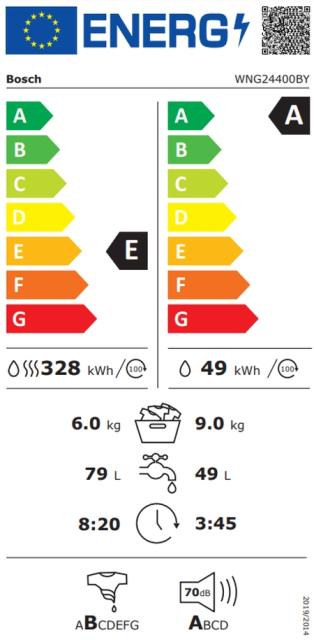 Пералня със сушилня Bosch WNG24400BY SER6 Washer-dryer 9/6kg, E/A, 1400rpm, 48/70/60dB(A), waveDrum 65l, W/W+D 49/79l 3:45/8:20h, Iron Assist, , waveDrum 65l, AntiStain, HygieneCare, black-blackgrey door