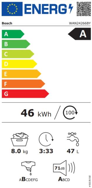 Пералня Bosch WAN24266BY SER4 Washing machine 8kg, A, 1200rpm, 51/72dB(A), Iron Assist, waveDrum 65l, 7 options, Rinse Plus, silver-blackgrey door