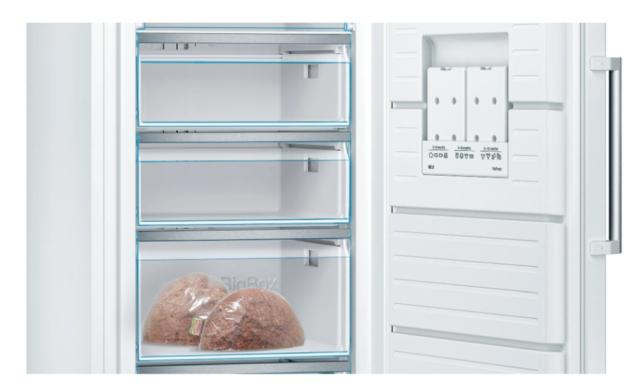 Фризер Bosch GSN58AWEV SER6 FS upright freezer, NoFrost, D, 191/70/65cm, 366l, 39dB(C), IC, 5 drawers (1 BigBox), 3 shelfs, handle, white