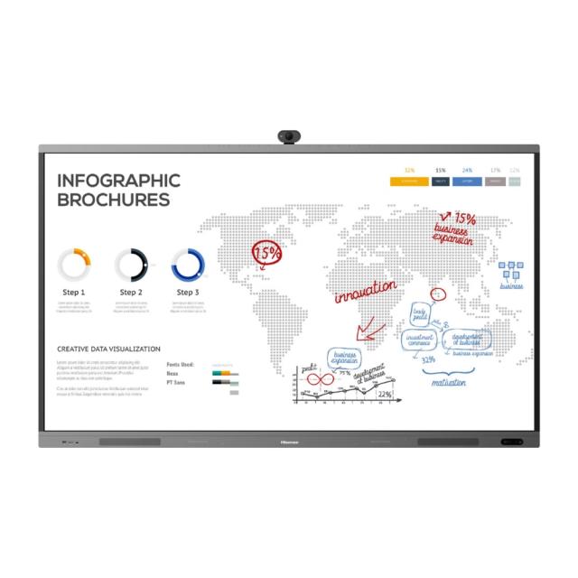 Интерактивен дисплей HISENSE IDB 75" ; 4K, 370 nit, 4000:1, 8ms, 60Hz, camera ready, Tempered glass, anti-glare, Android 8, octa-core processor 3+32GB, OPS slot, 20 touch points, wall mount bracket, VESA 600x400