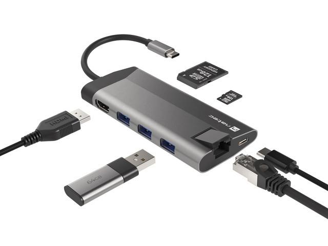 Адаптер Natec Fowler Plus Multiport Adapter 8 in 1, USB 3.0 HUB, HDMI 4K, USB-C PD, RJ45, SD, Micro