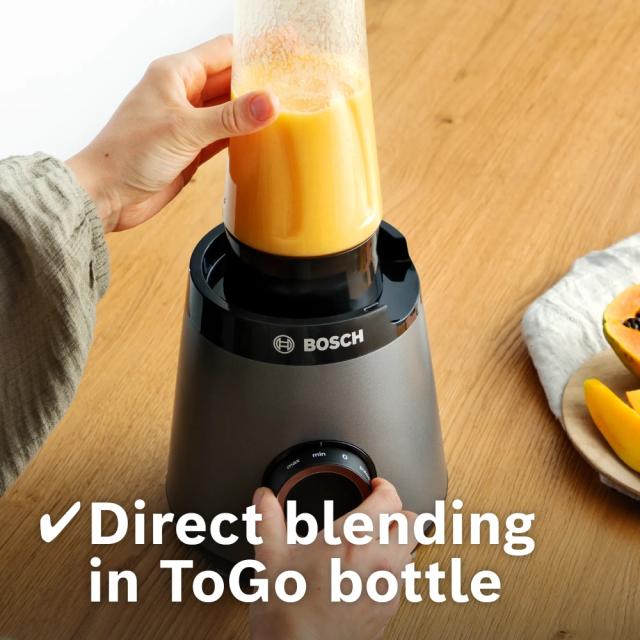 Блендер Bosch MMB6177S Series 4, VitaPower Blender, 1200 W, Glass ThermoSafe jug 1.5 l, Tritan ToGo bottle 0.6 l, Two speed settings and pulse function, ProEdge stainless steel blades made in Solingen, Silver