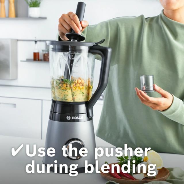 Блендер Bosch MMB6177S Series 4, VitaPower Blender, 1200 W, Glass ThermoSafe jug 1.5 l, Tritan ToGo bottle 0.6 l, Two speed settings and pulse function, ProEdge stainless steel blades made in Solingen, Silver