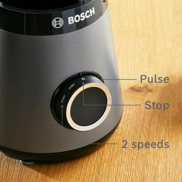 Блендер Bosch MMB6177S Series 4, VitaPower Blender, 1200 W, Glass ThermoSafe jug 1.5 l, Tritan ToGo bottle 0.6 l, Two speed settings and pulse function, ProEdge stainless steel blades made in Solingen, Silver