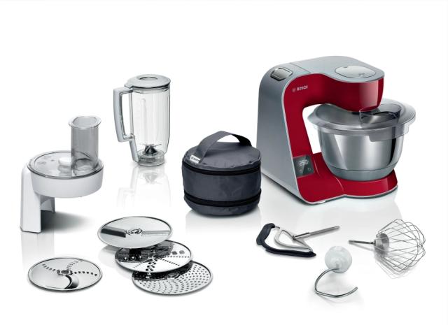 Кухненски робот Bosch MUM5X720, Kitchen Machine with scale, MUM5, 1000 W, 3D PlanetaryMixing, Stainless steel mixing bowl, additional accessories included, Red, Silver