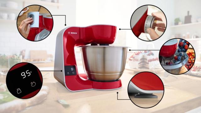 Кухненски робот Bosch MUM5X720, Kitchen Machine with scale, MUM5, 1000 W, 3D PlanetaryMixing, Stainless steel mixing bowl, additional accessories included, Red, Silver