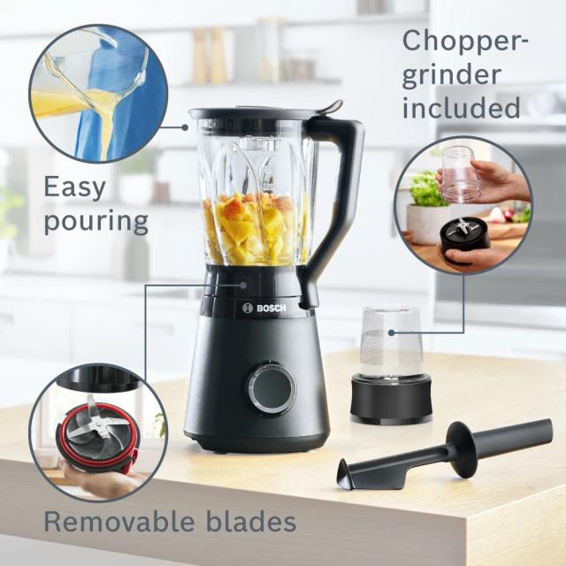 Блендер Bosch MMB6176B Series 4, VitaPower Blender, 1200 W, Glass ThermoSafe jug 1.5 l, Grinding attachment, Two speed settings and pulse function, ProEdge stainless steel blades made in Solingen, Black