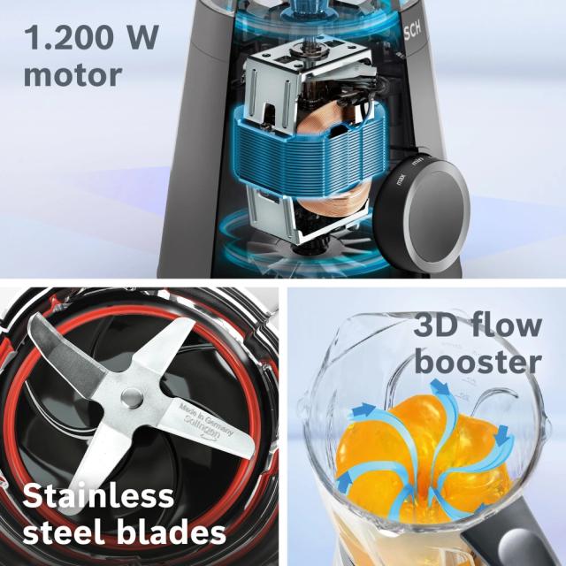 Блендер Bosch MMB6176B Series 4, VitaPower Blender, 1200 W, Glass ThermoSafe jug 1.5 l, Grinding attachment, Two speed settings and pulse function, ProEdge stainless steel blades made in Solingen, Black