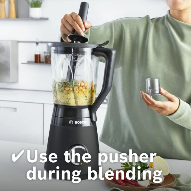 Блендер Bosch MMB6176B Series 4, VitaPower Blender, 1200 W, Glass ThermoSafe jug 1.5 l, Grinding attachment, Two speed settings and pulse function, ProEdge stainless steel blades made in Solingen, Black