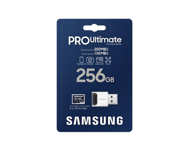 Памет Samsung 256GB micro SD Card PRO Ultimate with USB Reader , UHS-I, Read 200MB/s - Write 130MB/s, U3, V30, A2