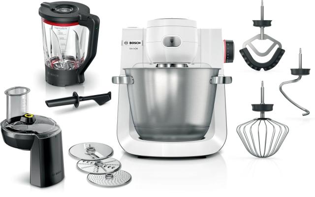 Кухненски робот Bosch MUMS6EW22, Compact Kitchen Machine, MUM6, 3D Planetary Mixing, 1600 W, Professional pastry set, Extra large 5.5L stainless steel bowl, White