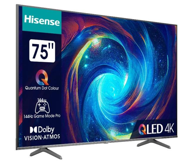Телевизор Hisense 75" E7KQ Pro, 4K Ultra HD 3840x2160, QLED, Quantum Dot, 120Hz, HDR 10+ adaptive, HLG, Dolby Vision, DTS Virtual X, Smart TV, WiFi 5GHz, WiFi Direct, BT, Anyview Cast, 3xHDMI, 2xUSB, LAN, CI+, DVB-T2/C/S2, Black
