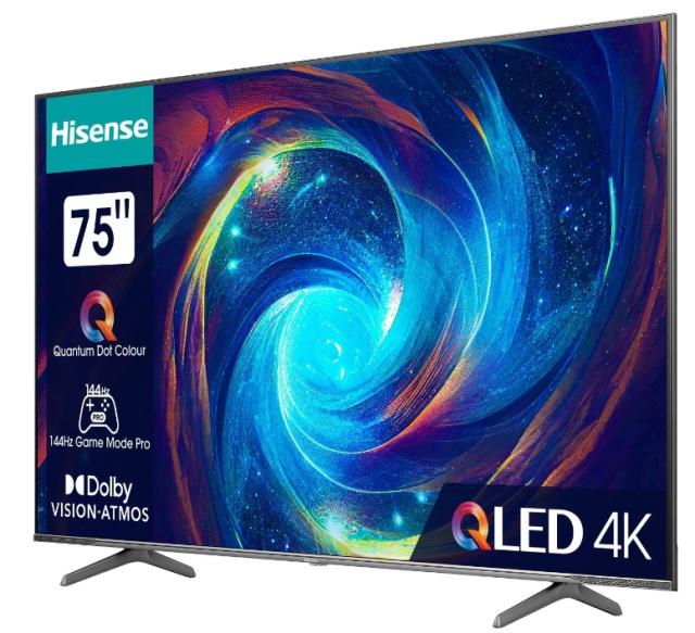 Телевизор Hisense 75" E7KQ Pro, 4K Ultra HD 3840x2160, QLED, Quantum Dot, 120Hz, HDR 10+ adaptive, HLG, Dolby Vision, DTS Virtual X, Smart TV, WiFi 5GHz, WiFi Direct, BT, Anyview Cast, 3xHDMI, 2xUSB, LAN, CI+, DVB-T2/C/S2, Black