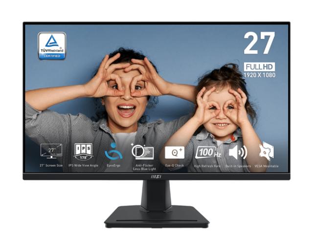 Монитор MSI PRO MP275, 27", IPS, 100Hz, 1920x1080 FHD, 1ms MPRT, 4ms GTG, 300 cd/m2, 93% (CIE 1976), Anti-glare, EyesErgo, MSI EYE CARE, DISPLAY KIT APP, 1x HDMI, 1x D-Sub (VGA), Speakers 2x 2W, Tilt, 1x Line-in, 1x Headphone-out, VESA 100, 9S6-3PC3C