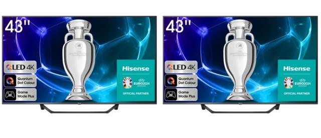Телевизор 2x Hisense 43" A7KQ, 4K Ultra HD 3840x2160, QLED, FALD, Quantum Dot, HDR 10+, HLG, Dolby Vision, Dolby Atmos, Smart TV, WiFi 5GHz, WiFi Direct, BT, Anyview Cast, 3xHDMI, 2xUSB, LAN, CI+, DVB-T2/C/S2, Dark Grey + Transcend 250GB, External SS