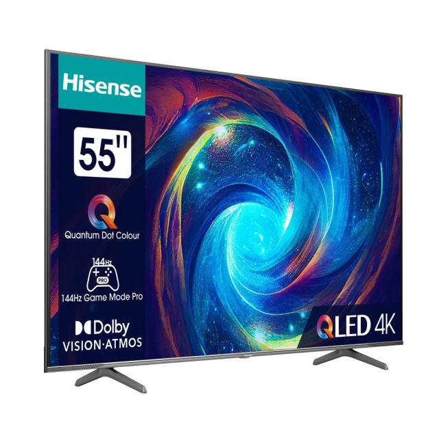 Телевизор Hisense 55" E7KQ Pro, 4K Ultra HD 3840x2160, QLED, Quantum Dot, 120Hz, HDR 10+ adaptive, HLG, Dolby Vision, DTS Virtual X, Smart TV, WiFi 5GHz, WiFi Direct, BT, Anyview Cast, 3xHDMI, 2USB,LAN,CI+, VB-T2/C/S2, Black +Transcend 250GB, Externa