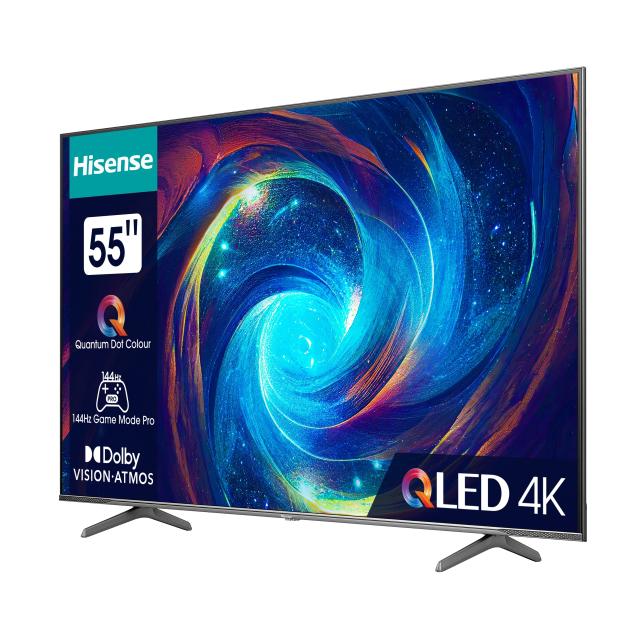 Телевизор Hisense 55" E7KQ Pro, 4K Ultra HD 3840x2160, QLED, Quantum Dot, 120Hz, HDR 10+ adaptive, HLG, Dolby Vision, DTS Virtual X, Smart TV, WiFi 5GHz, WiFi Direct, BT, Anyview Cast, 3xHDMI, 2USB,LAN,CI+, VB-T2/C/S2, Black +Transcend 250GB, Externa