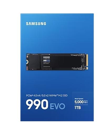 Твърд диск Samsung SSD 990 EVO 1TB PCIe 4.0 NVMe 2.0 M.2 V-NAND TLC, 256-bit Encryption, Read 5000 MB/s Write 4200 MB/s
