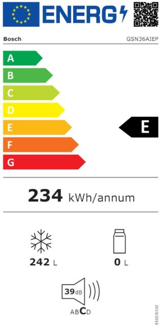Фризер Bosch GSN36AIEP, SER6, FS upright freezer, NoFrost, E, 186/60/65cm, 242 l, 39 dB(C), IceTwister, VarioZone, 4 drawers (BigBox), vertical handle, Stainless steel