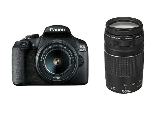 Огледално-рефлексен фотоапарат Canon EOS 2000D, black + EF-s 18-55mm f/3.5-5.6 IS II + EF 75-300 mm f/4.0-5.6 III