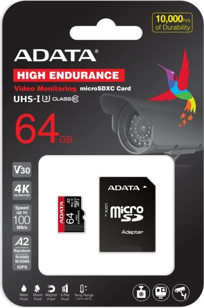 Карта памет Adata 64GB MicroSDXC UHS-I U3 V30S (R100MB/s) HIGH, с адаптер