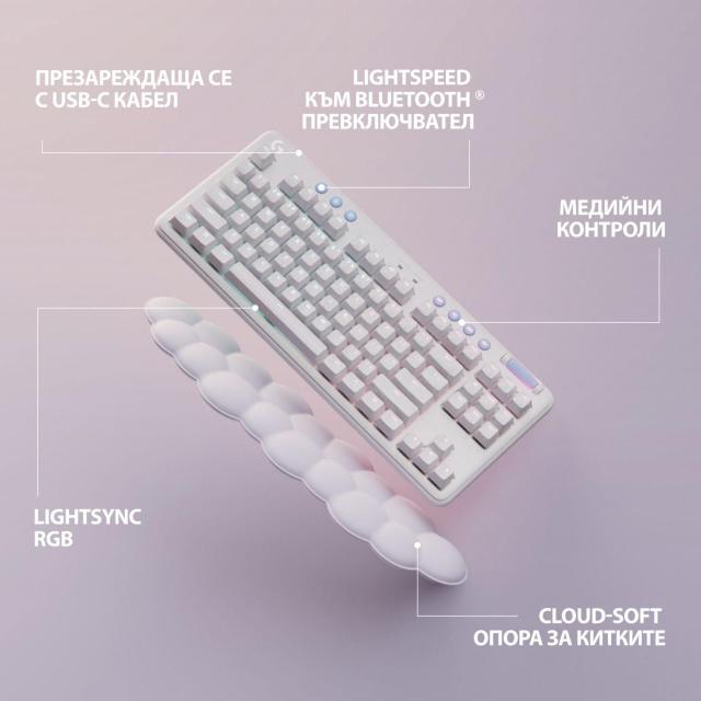 Безжична геймърска механична клавиатура Logitech G G715, TKL, Tactile, RGB LED, US Layout, бяла