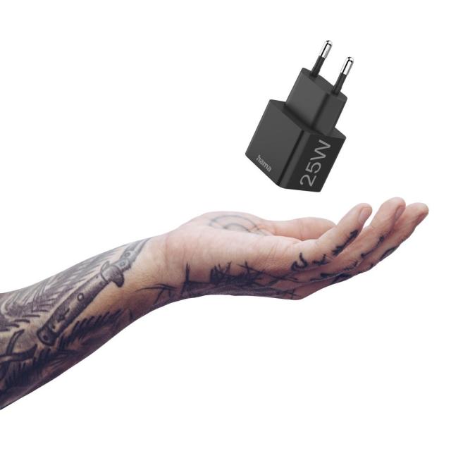 Мрежово зарядно HAMA Mini-Charger, Power Delivery (PD), Qualcomm 3.0, USB-C, 25W, Черен
