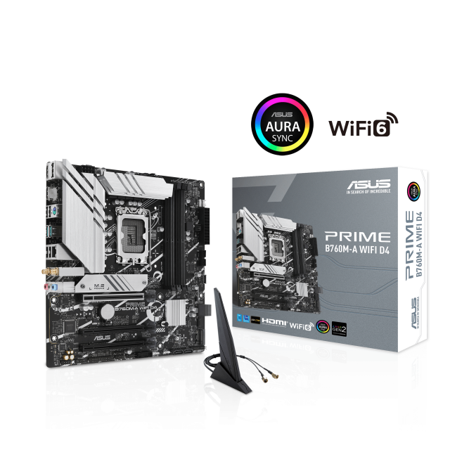 Дънна платка ASUS PRIME B760M-A WIFI D4, LGA1700, 4x DDR4, 4x SATA 6Gb/s, 2x M.2, WiFi 6/Bluetooth v5.2, 2xHDMI/DP, mATX