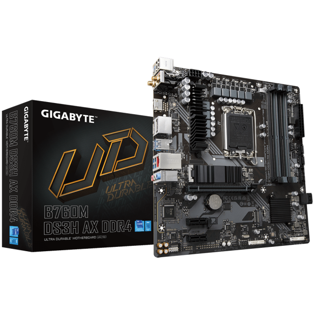 Дънна платка GIGABYTE B760M DS3H AX, LGA1700, 4x DDR4, PCIe 4.0, 2x M.2 NVMe, 4x SATA 6Gb/s, USB Type-C, WIFI 6E, Bluetooth V5.3,  HDMI, DP,  ATX