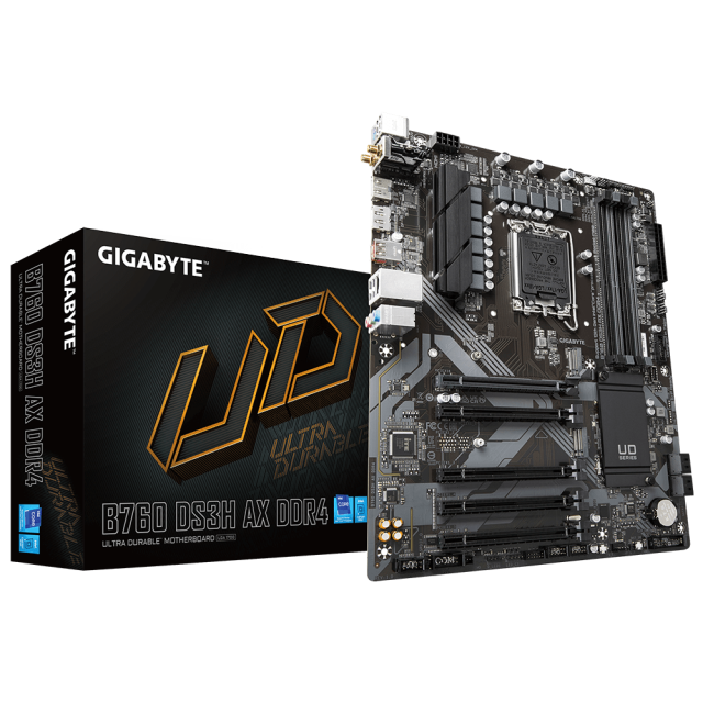 Дънна платка GIGABYTE B760 DS3H AX, LGA1700, 4xDDR4, Wi-Fi 6E, Bluetooth, PCIe 4.0, 2 x M.2 NVMe, 4x SATA 6Gb/s, USB Type-C, HDMI, DP, ATX