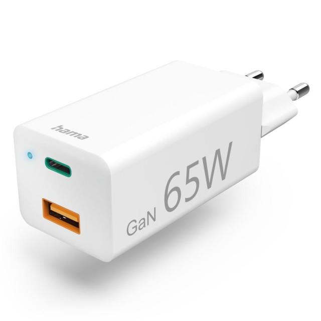 Бързо зарядни HAMA, Gan, 220V, 65W, 1x USB-C PD, 1x USB-A QC, Бял