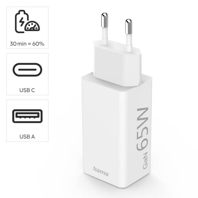 Бързо зарядни HAMA, Gan, 220V, 65W, 1x USB-C PD, 1x USB-A QC, Бял
