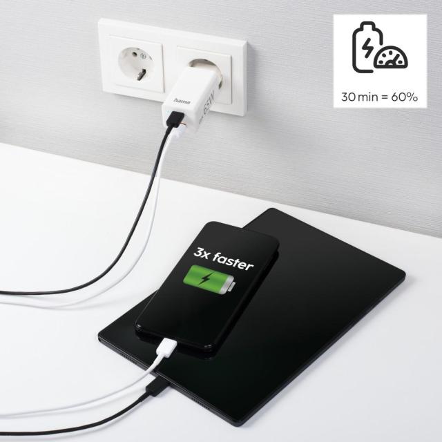 Бързо зарядни HAMA, Gan, 220V, 65W, 1x USB-C PD, 1x USB-A QC, Бял