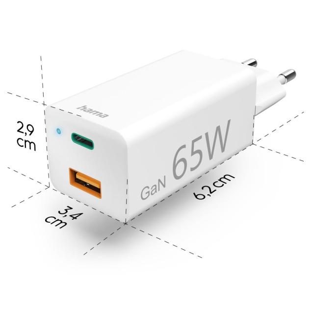 Бързо зарядни HAMA, Gan, 220V, 65W, 1x USB-C PD, 1x USB-A QC, Бял