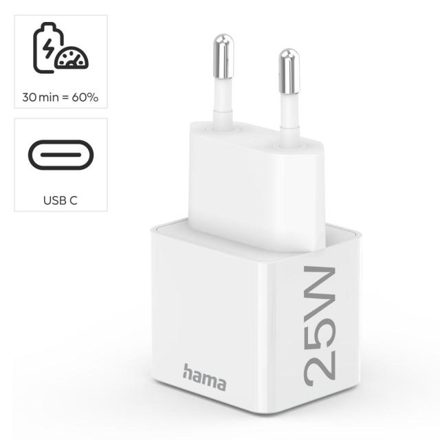 Бързо зарядно HAMA, 220V, USB-C, PD/Qualcomm, 25W, Бял