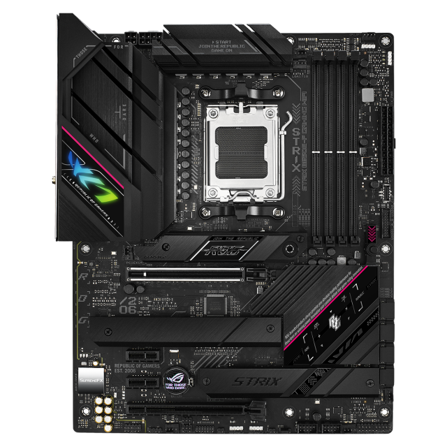 Дънна платка ASUS ROG STRIX B650E-F GAMING WIFI 6E socket AM5, 4xDDR5, 3xM.2 PCIe 5.0/4.0, Aura Sync, ATX