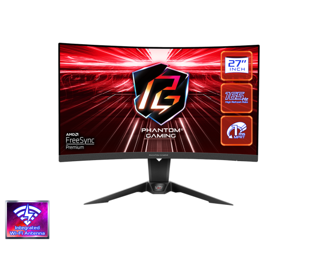 Монитор ASRock PG27Q15R2A 27" QHD (2560X1440) 1500R VA, 165Hz, 1ms , 87% DCI-P3 , 2xHDMI, 1xDP, WiFi Antena, Freesync