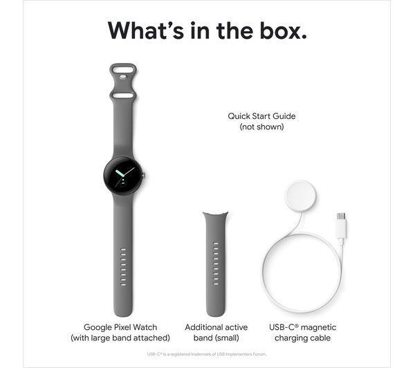 Смарт часовник Google Pixel Watch WiFi с Google Асистент 41mm, 32 GB, Wi-Fi - Silver, Charcoal Strap